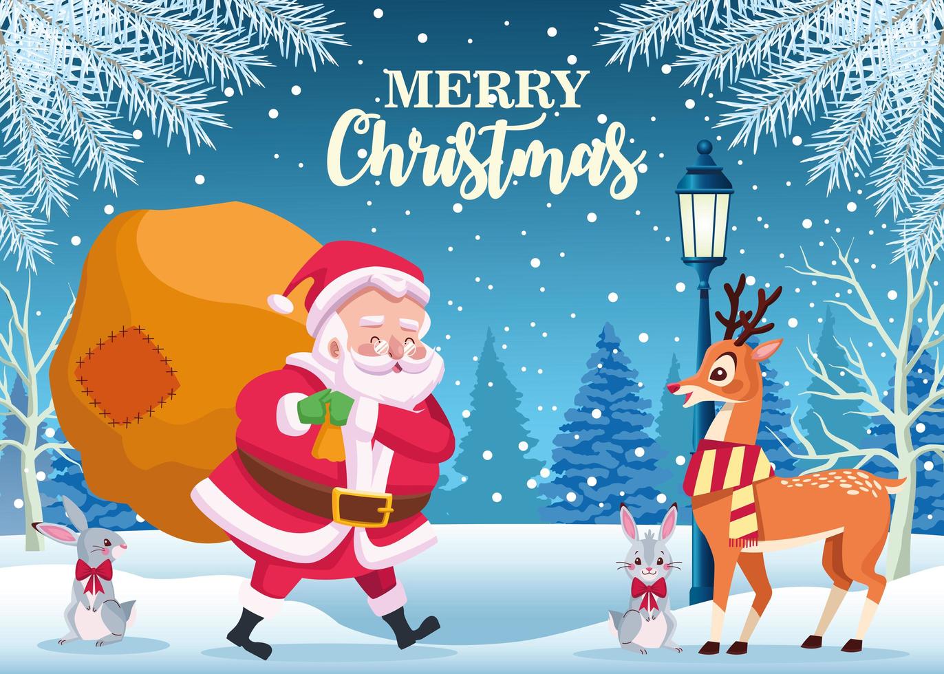 lindo santa claus y animales con bolsa de regalos en paisaje nevado vector