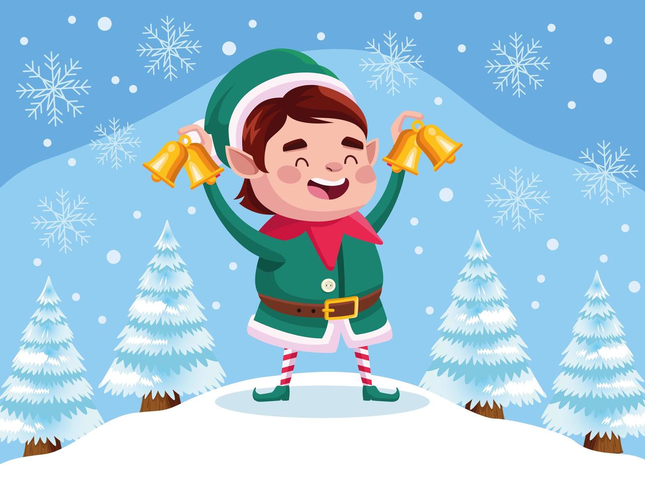 Lindo personaje navideño de ayudante de santa con campanas doradas en paisaje nevado vector