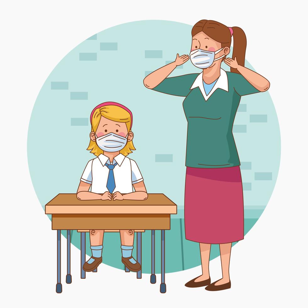 covid preventive at school scene with teacher and student girl in desk vector