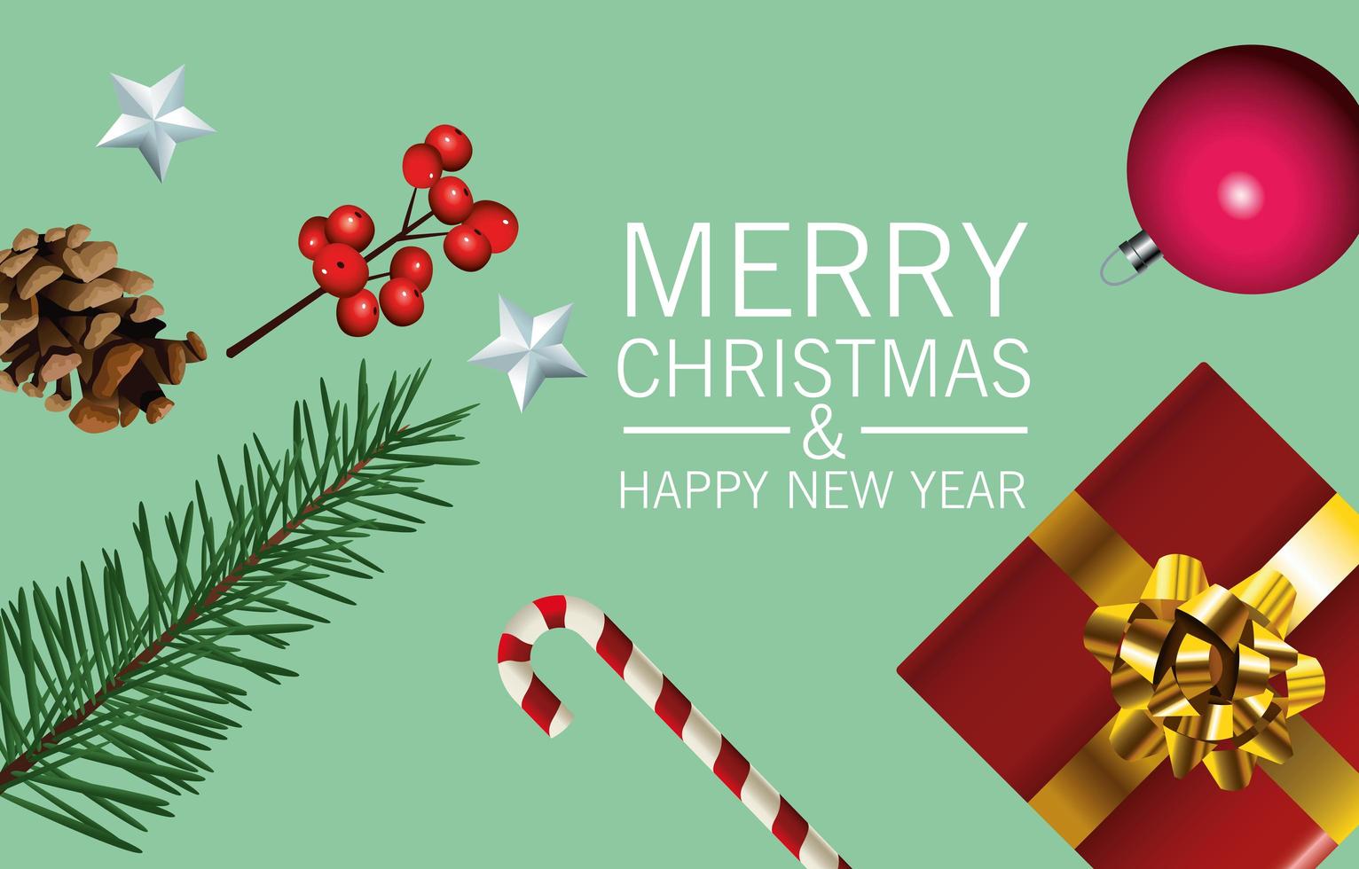 happy merry christmas lettering card with gift and set icons vector