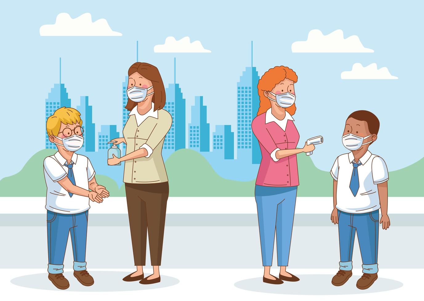 covid preventive at school scene with students boys and teachers vector