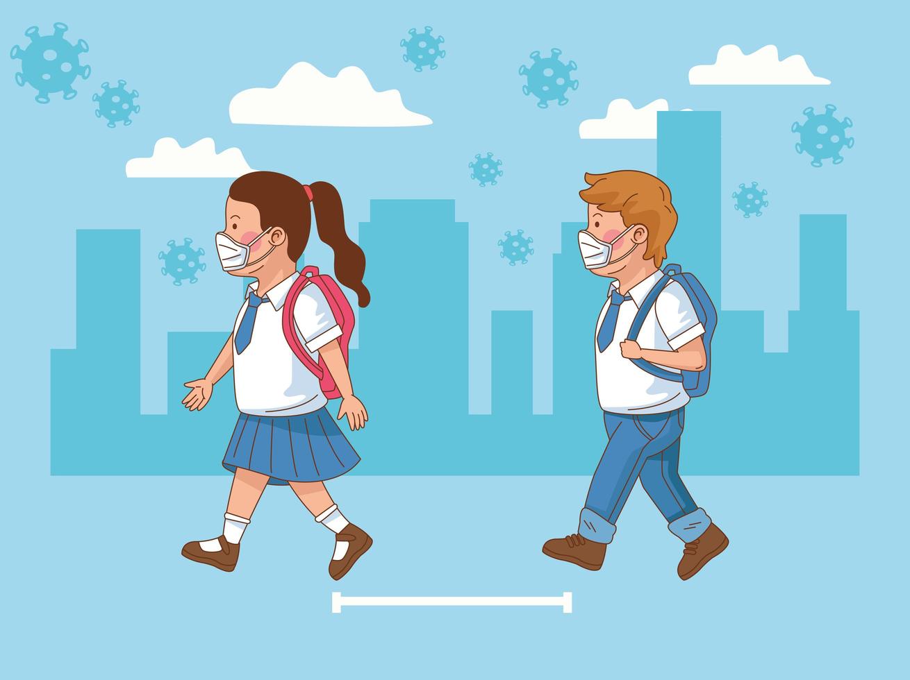 covid preventive at school scene with students couple walking with social distance vector