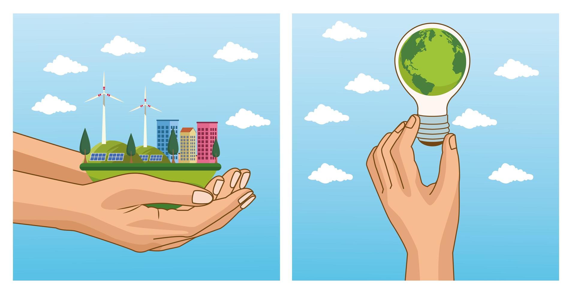 save the world environmental poster with hands lifting cityscape and bulb vector