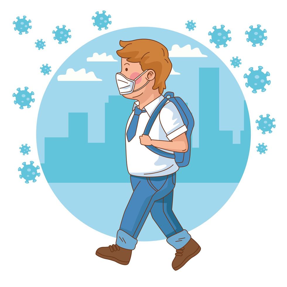 covid preventive at school scene with student boy walking vector