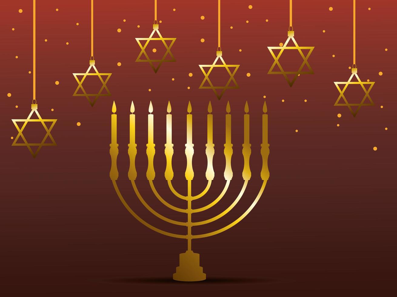 Feliz tarjeta de celebración de Hanukkah con candelabro dorado y estrellas colgando vector
