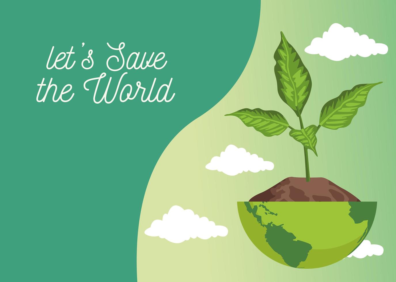 save the world environmental poster with earth planet and plant scene vector