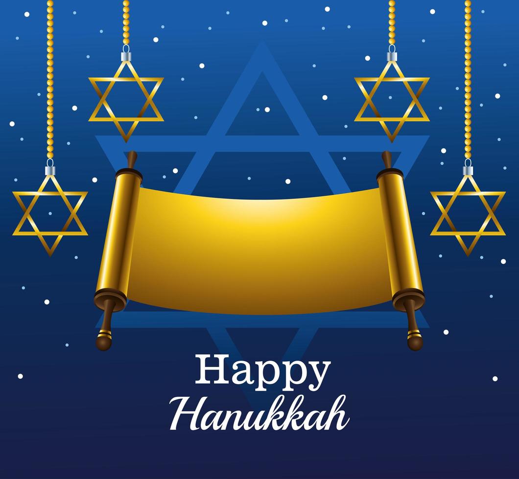 feliz tarjeta de celebración de hanukkah con parche y estrellas colgando vector