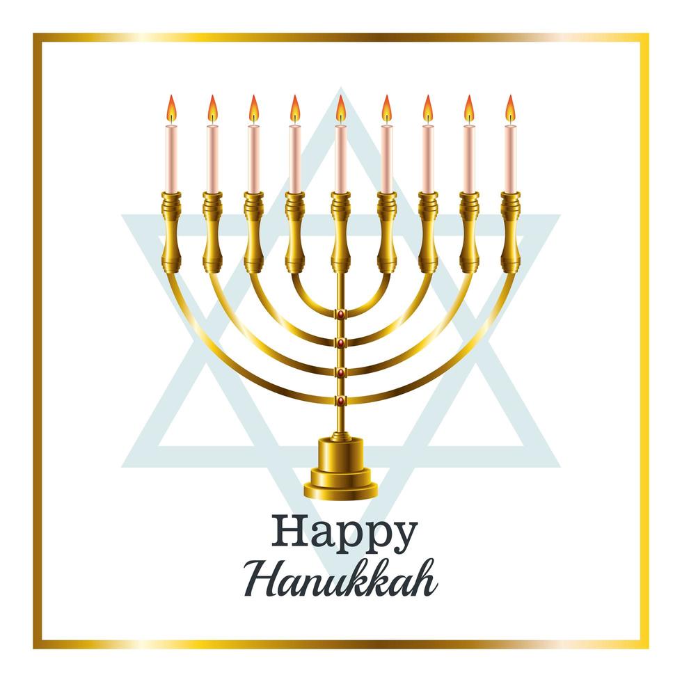 happy hanukkah celebration card with candelabrum and star in square frame vector