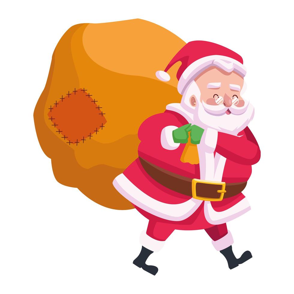 lindo santa claus levantando regalos bolsa personaje vector