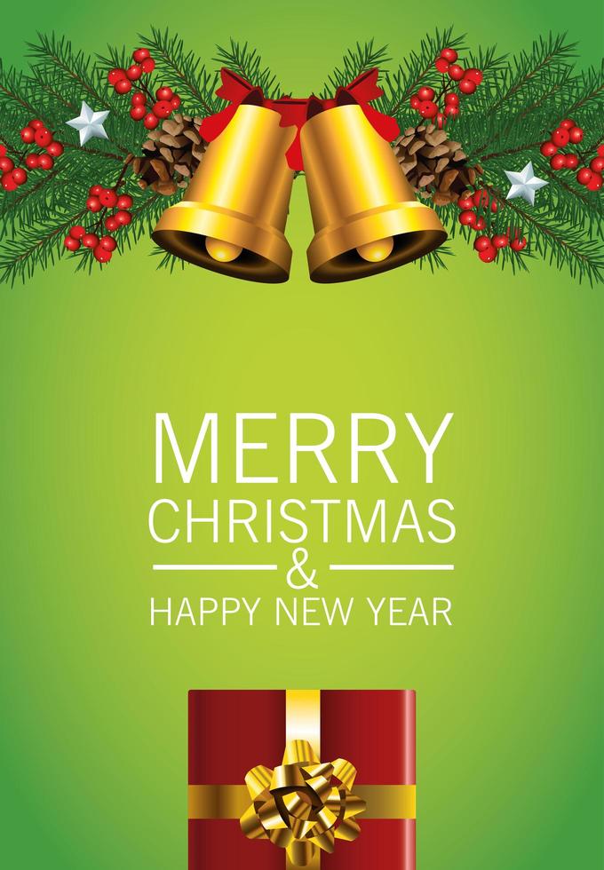 happy merry christmas lettering card with golden bells and gift vector