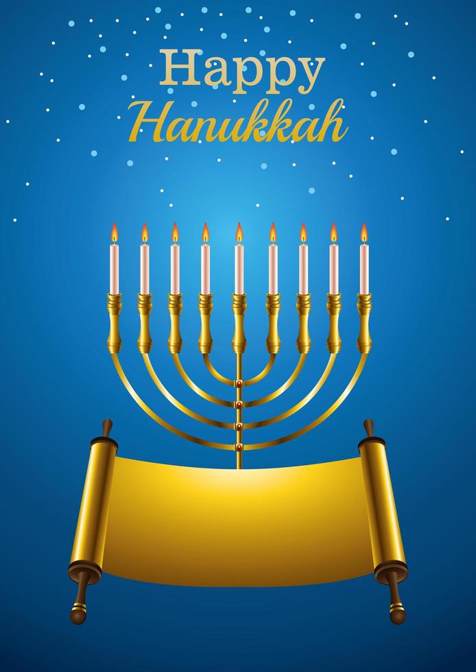 feliz tarjeta de celebración de hanukkah con candelabro dorado y parche vector