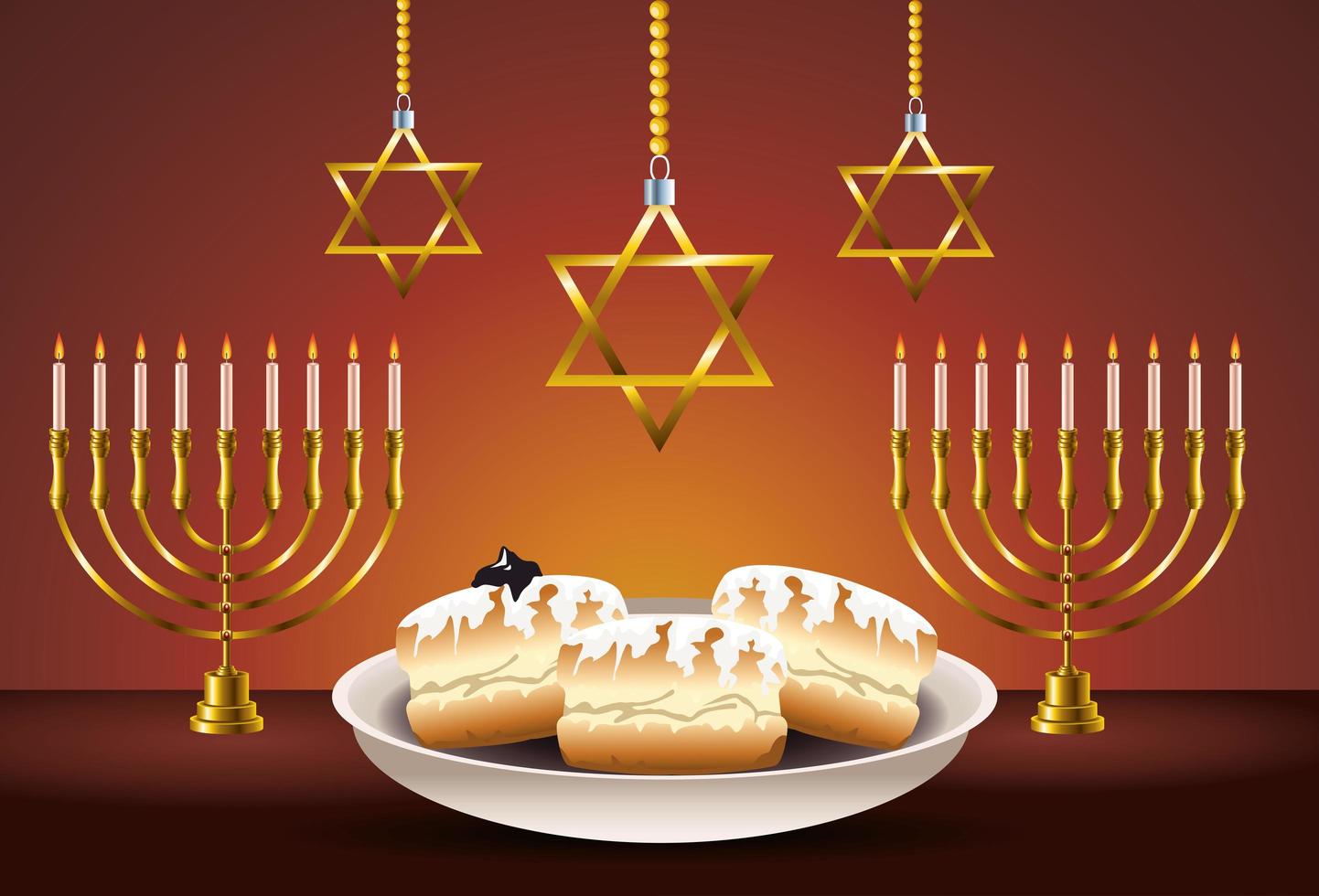 happy hanukkah celebration card with food and chandeliers vector