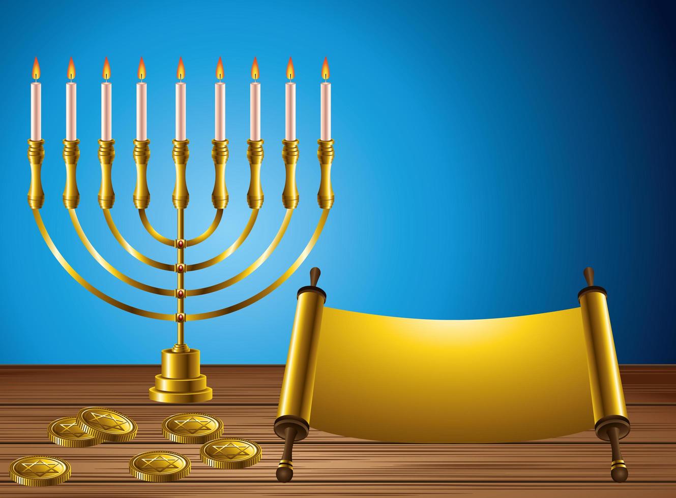 feliz tarjeta de celebración de hanukkah con candelabro y parche vector