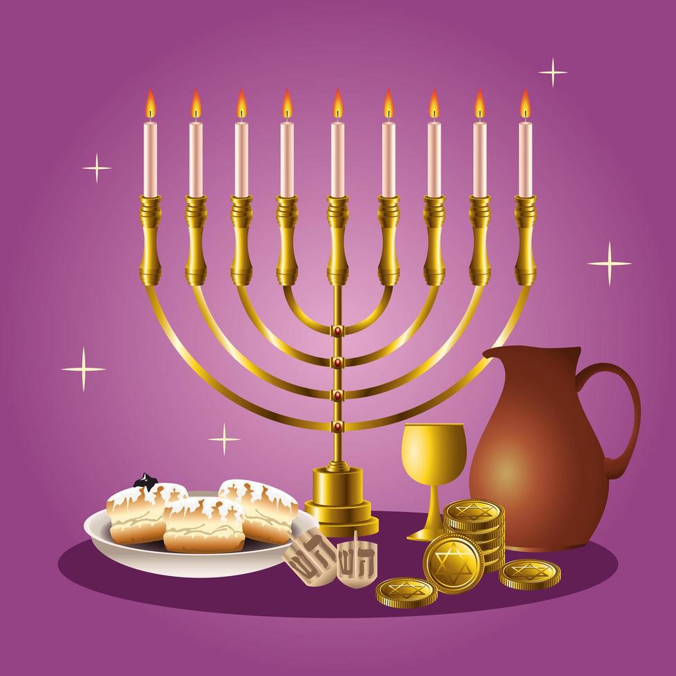 feliz tarjeta de celebración de hanukkah con candelabro y elementos dorados vector