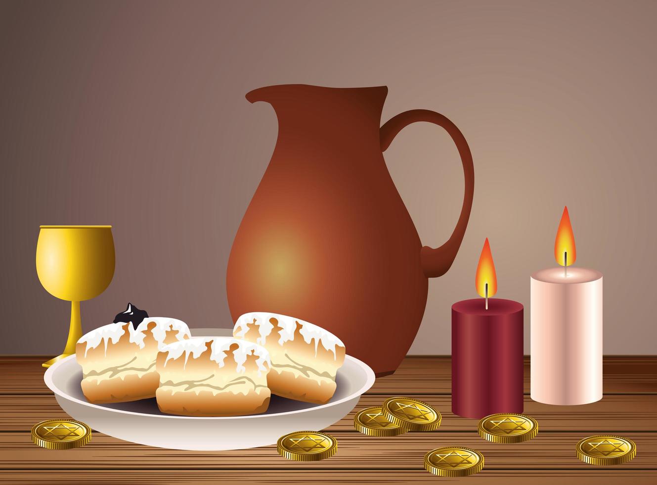 feliz tarjeta de celebración de hanukkah con comida y velas vector