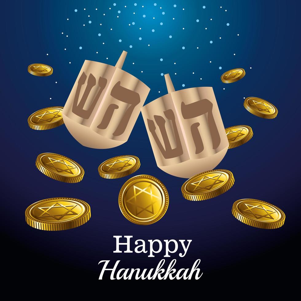 happy hanukkah celebration card with dreidels and coins vector