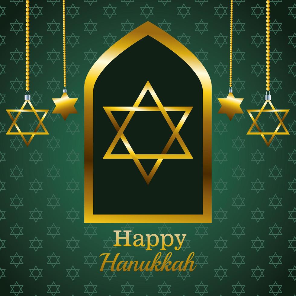 feliz tarjeta de celebración de hanukkah con estrellas doradas colgando vector