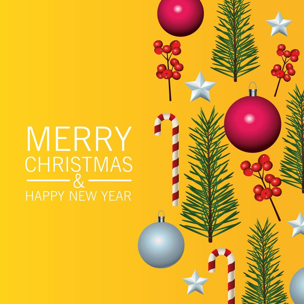 happy merry christmas lettering card with canes and balls vector
