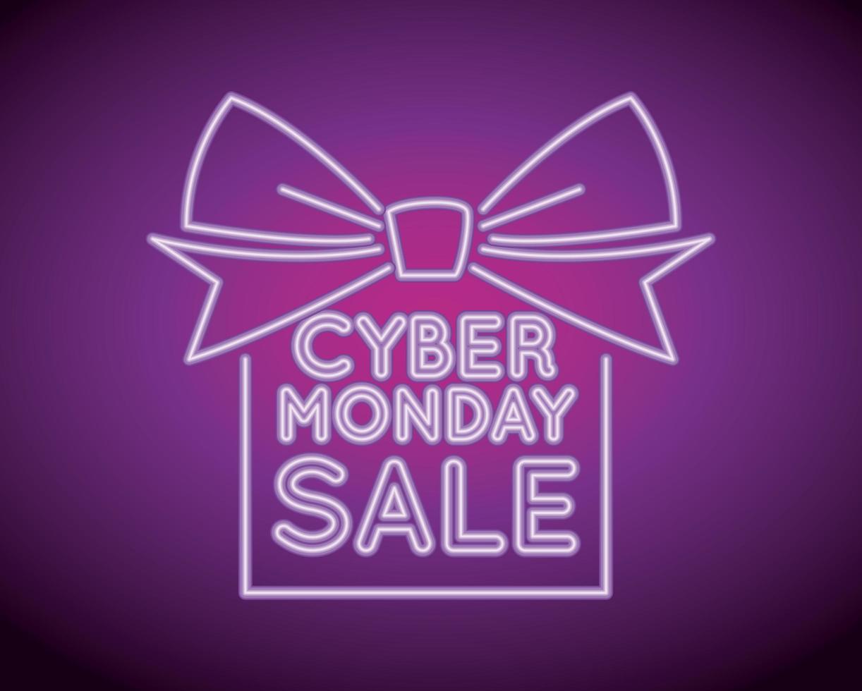 Venta de Cyber Monday luz de neón con regalo. vector