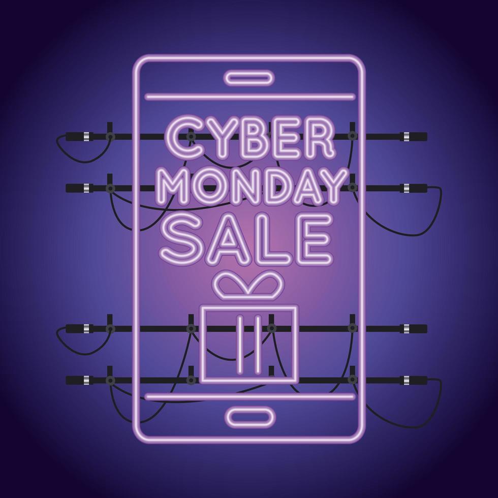 cyber monday sale neon light with smartphone vector