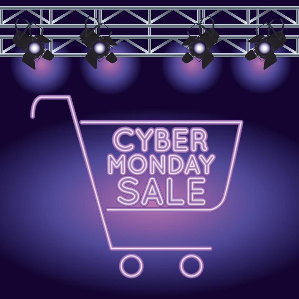 cyber monday sale neon light with shopping cart and lamps vector