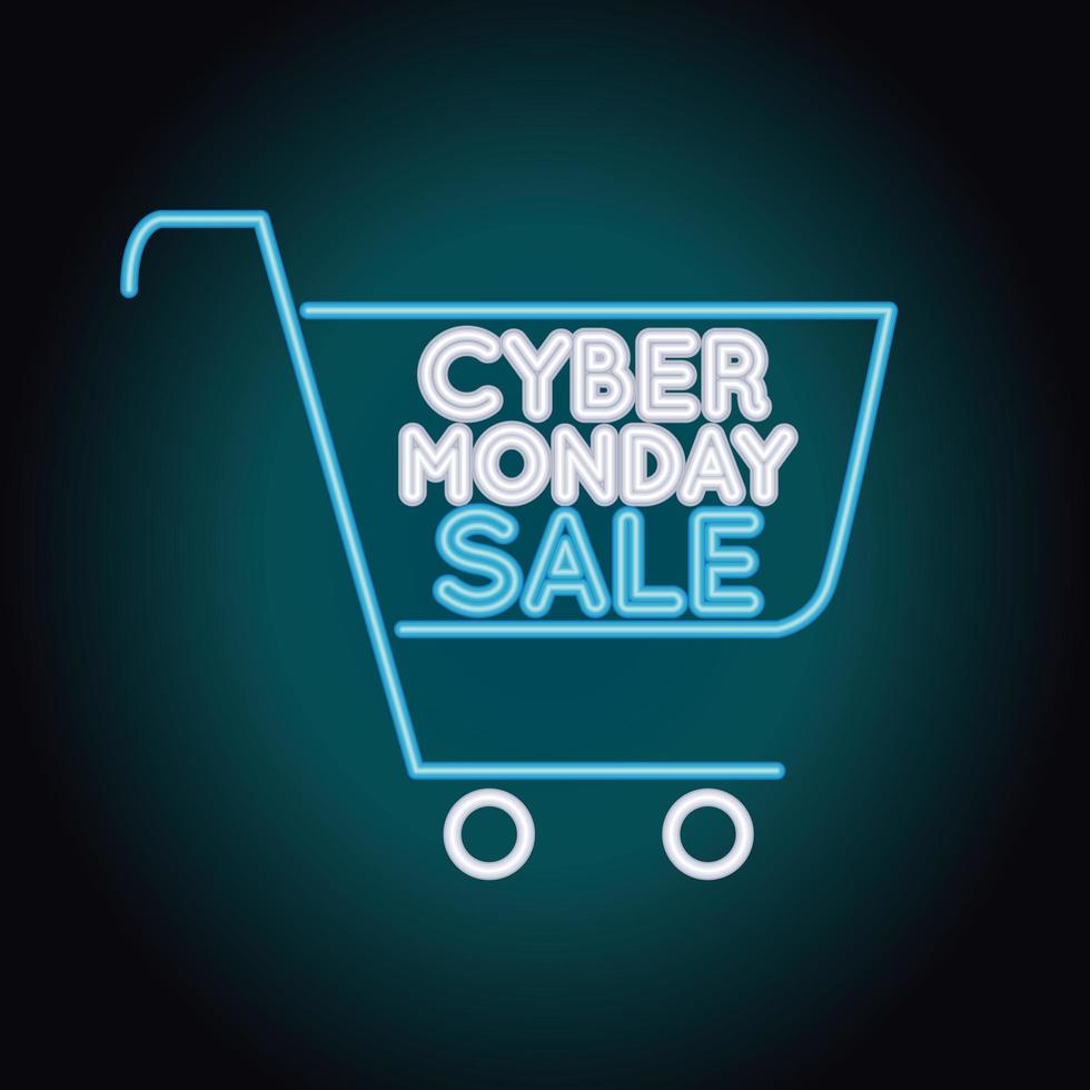 cyber monday sale neon light with shopping cart vector