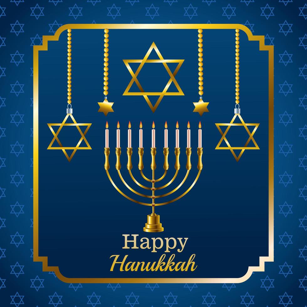 Feliz tarjeta de celebración de Hanukkah con candelabro y estrellas en marco cuadrado vector