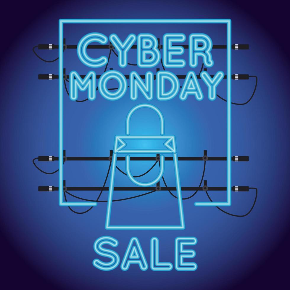 cyber monday sale neon light with shopping bag vector