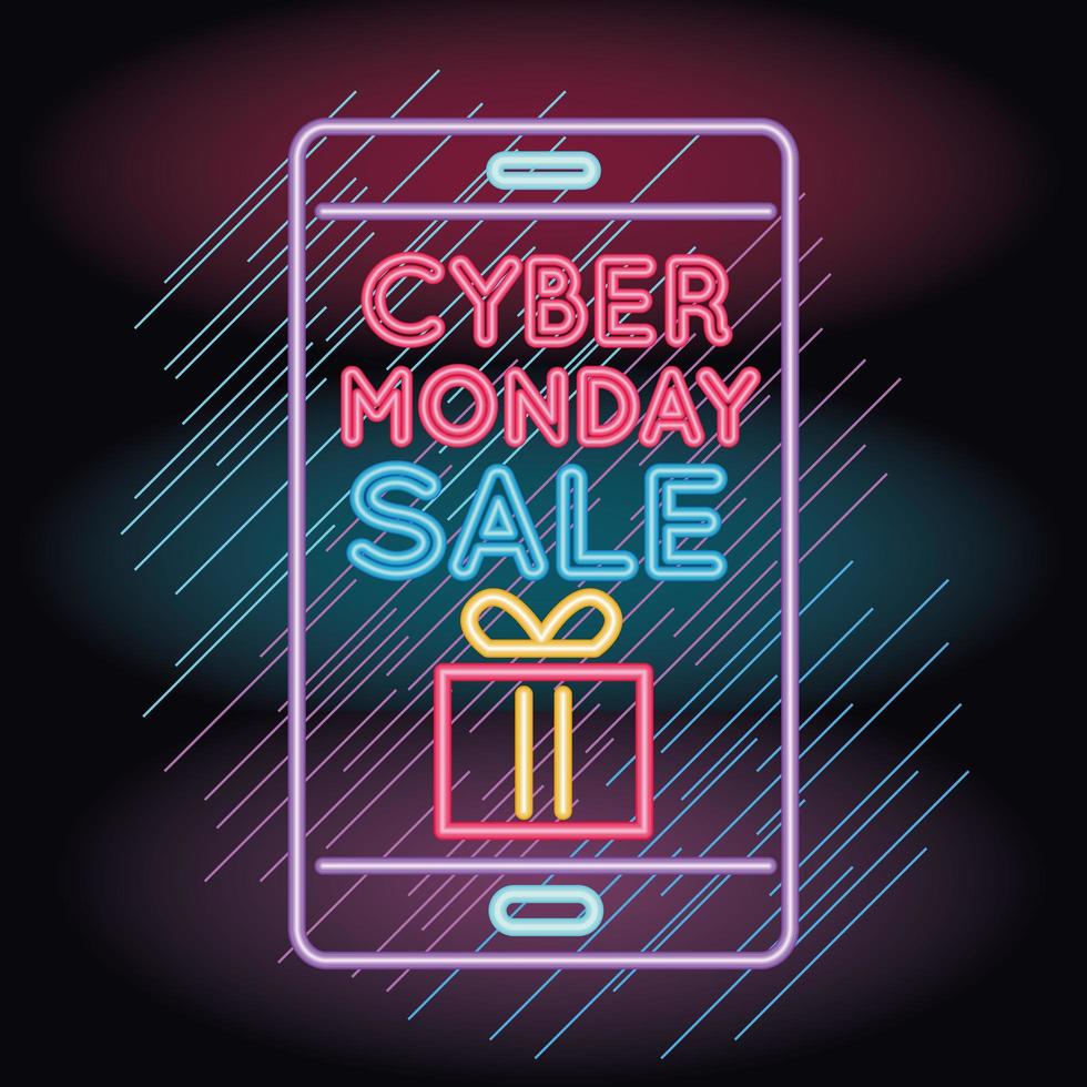 cyber monday sale neon light with gift in smartphone vector