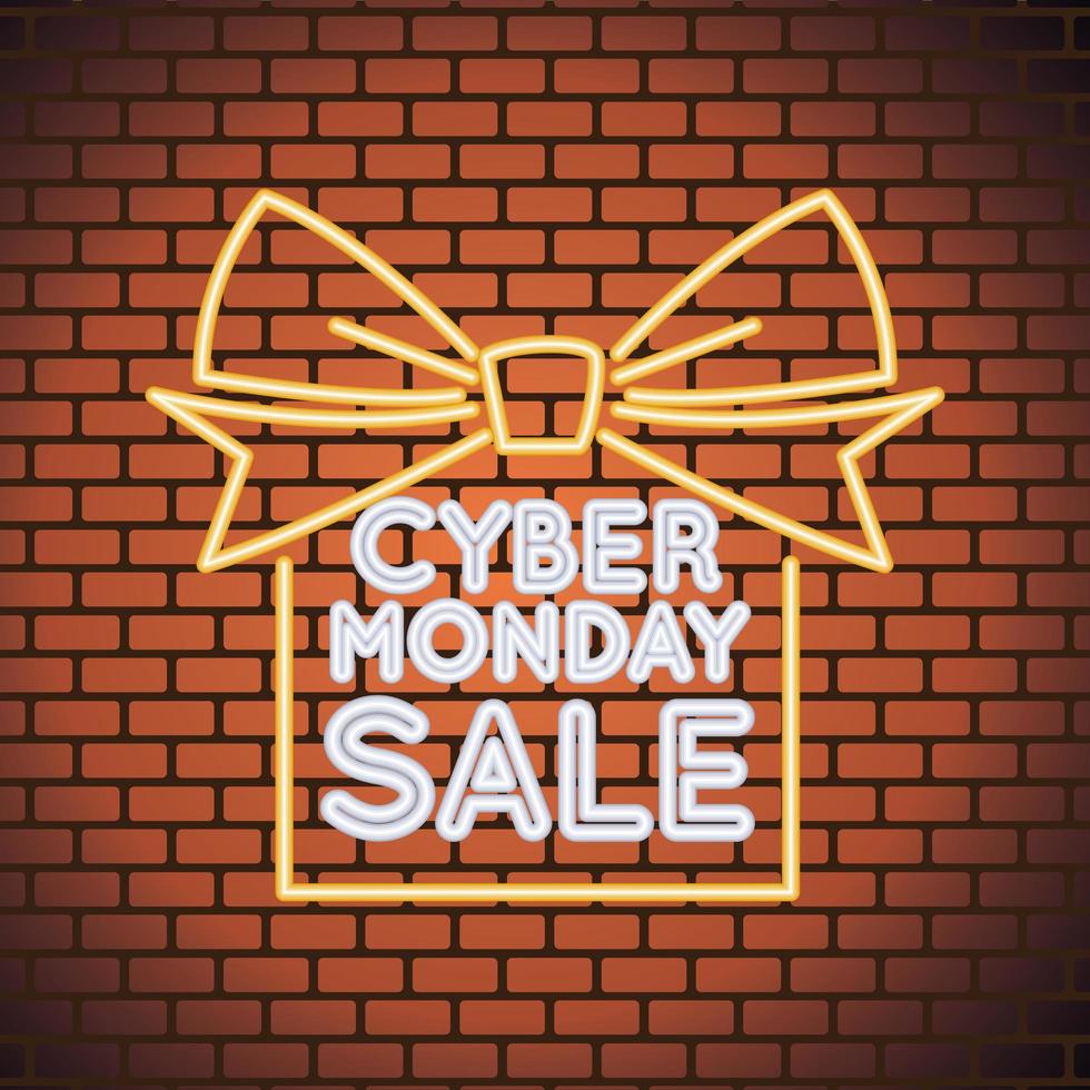 cyber monday sale neon light with gift in wall vector