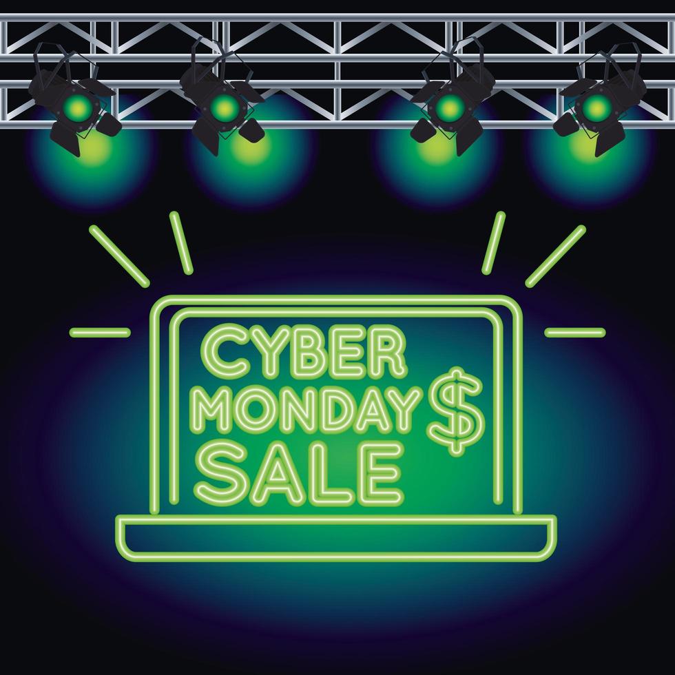 Venta de cyber monday luz de neón con laptop y lámparas. vector