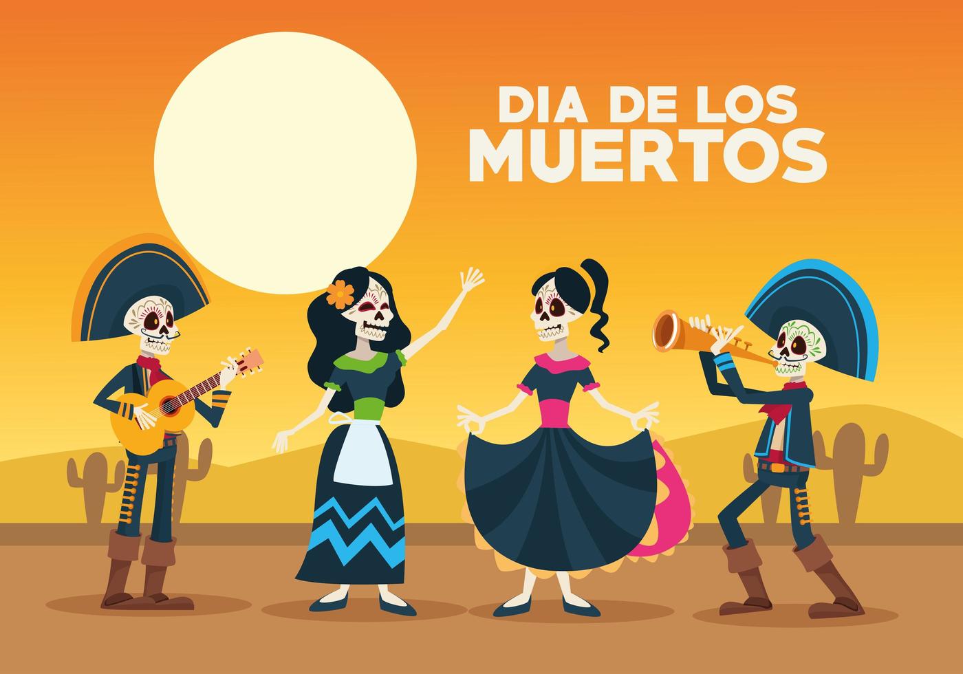 dia de los muertos celebration card with skeletons group in desert vector