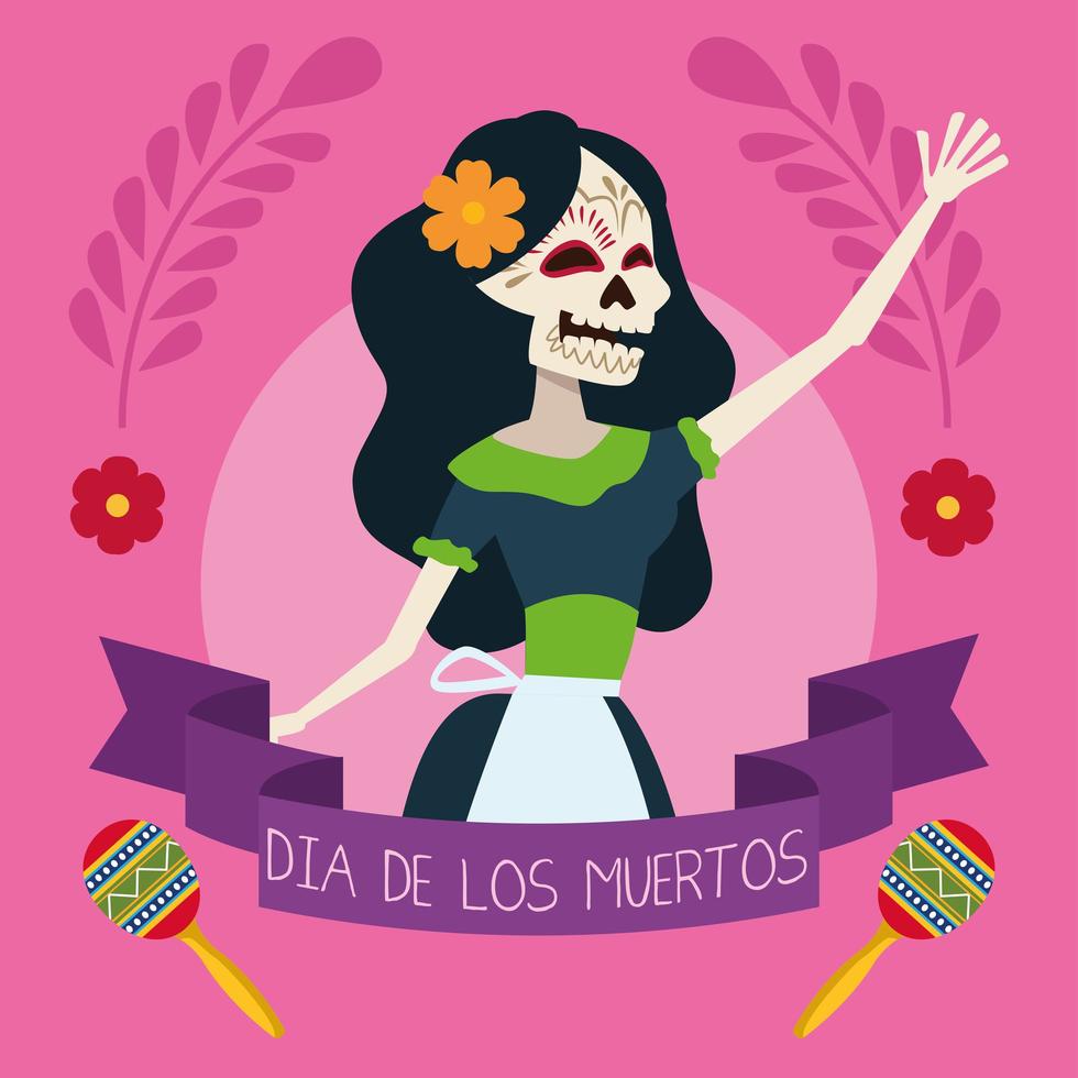 dia de los muertos tarjeta de letras con esqueleto femenino vector