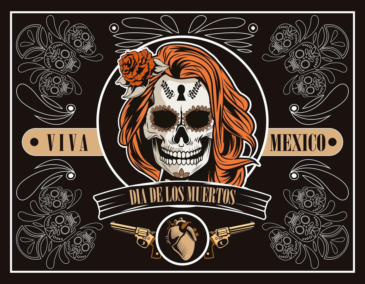 dia de los muertos celebration with woman skull and heart in brown background vector