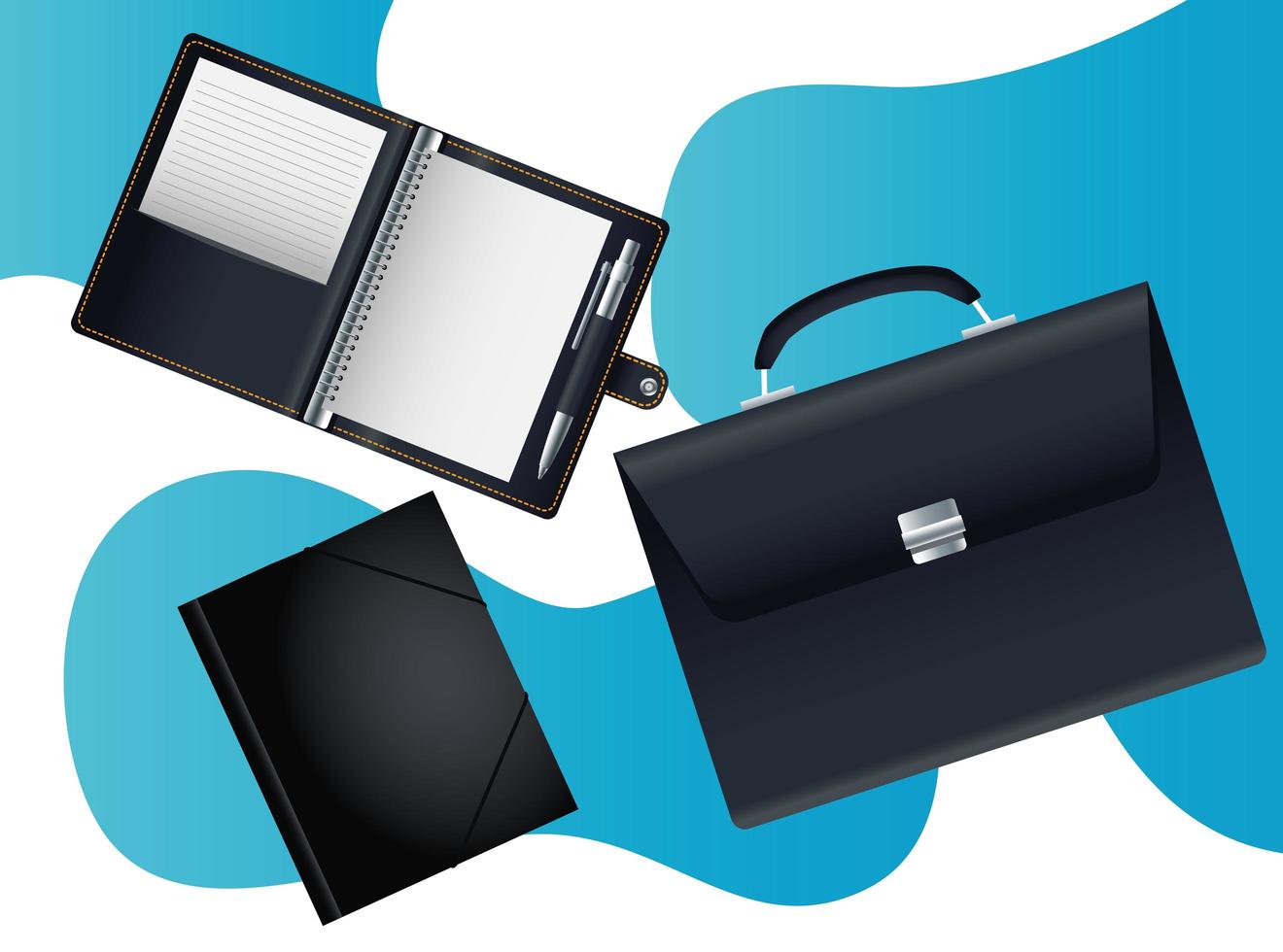 black portfolio briefcase and notebooks mockup icon vector