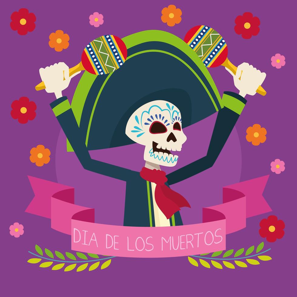 tarjeta de celebración del dia de los muertos con esqueleto de mariachi tocando maracas vector