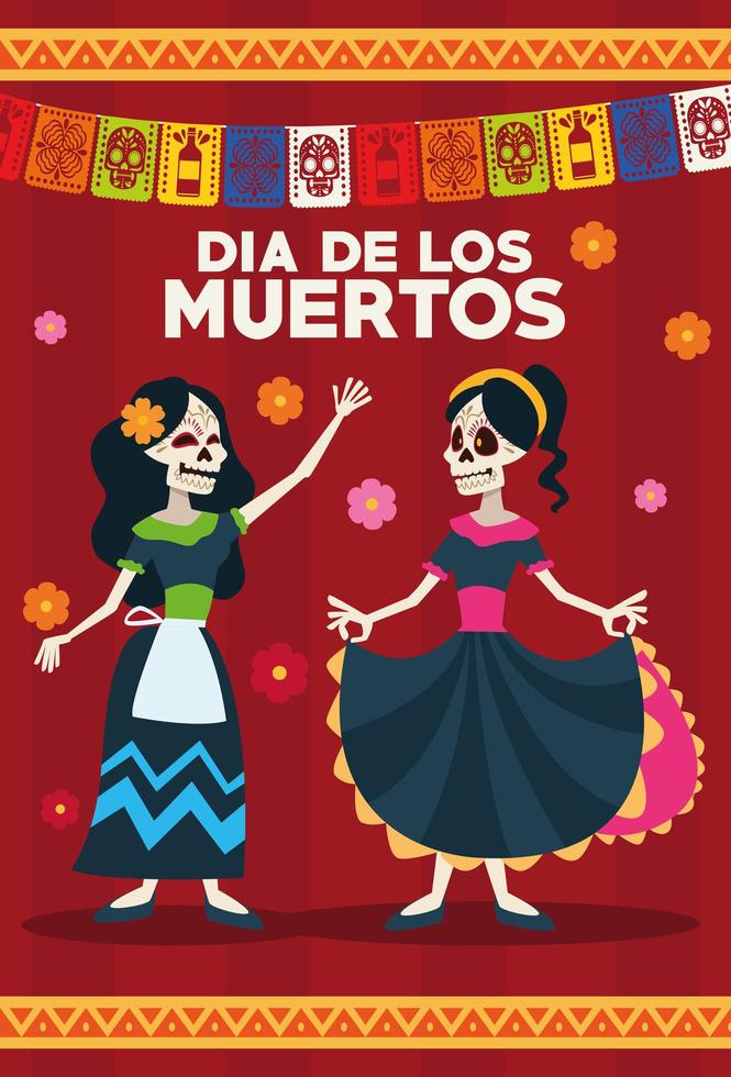 tarjeta de celebración del dia de los muertos con esqueletos niñas y guirnaldas vector