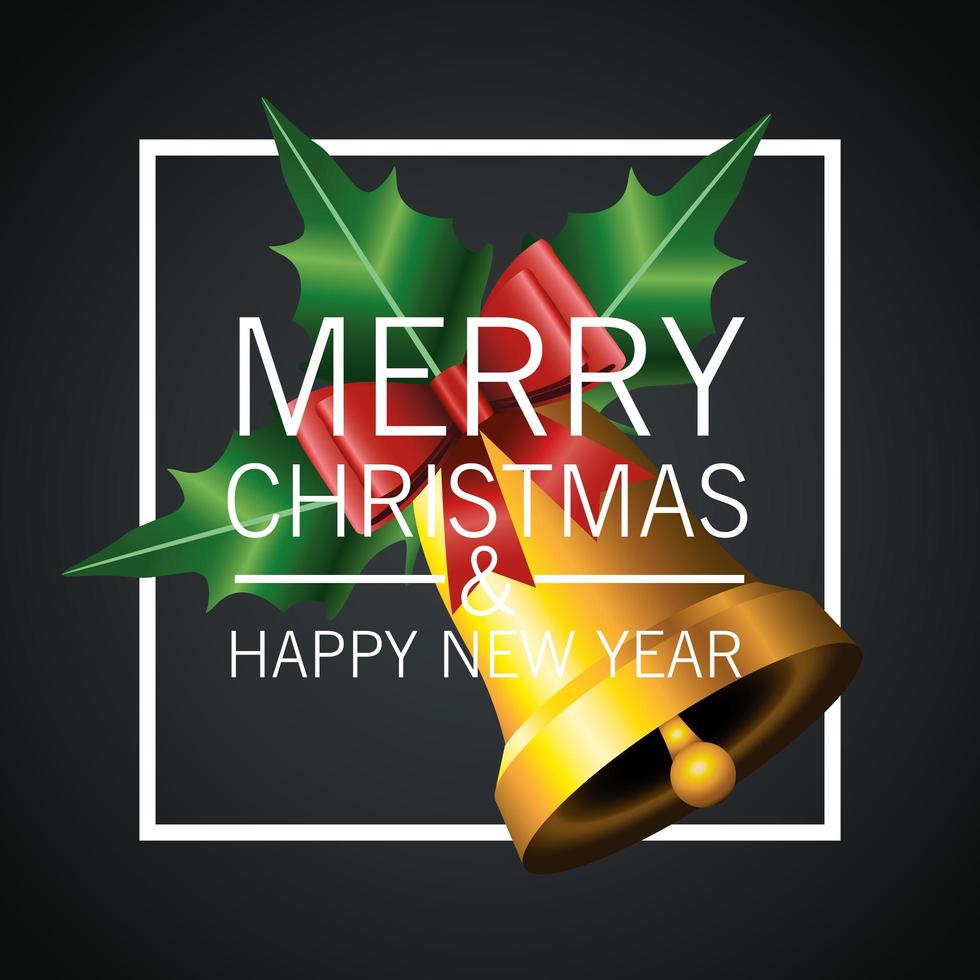 happy merry christmas lettering card with golden bell and leafs in square frame vector