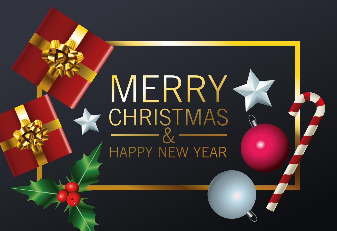 happy merry christmas lettering card with gifts and set icons in golden frame vector