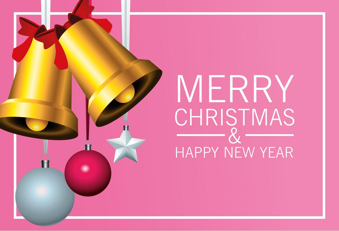 happy merry christmas lettering card with golden bells and balls in square frame vector