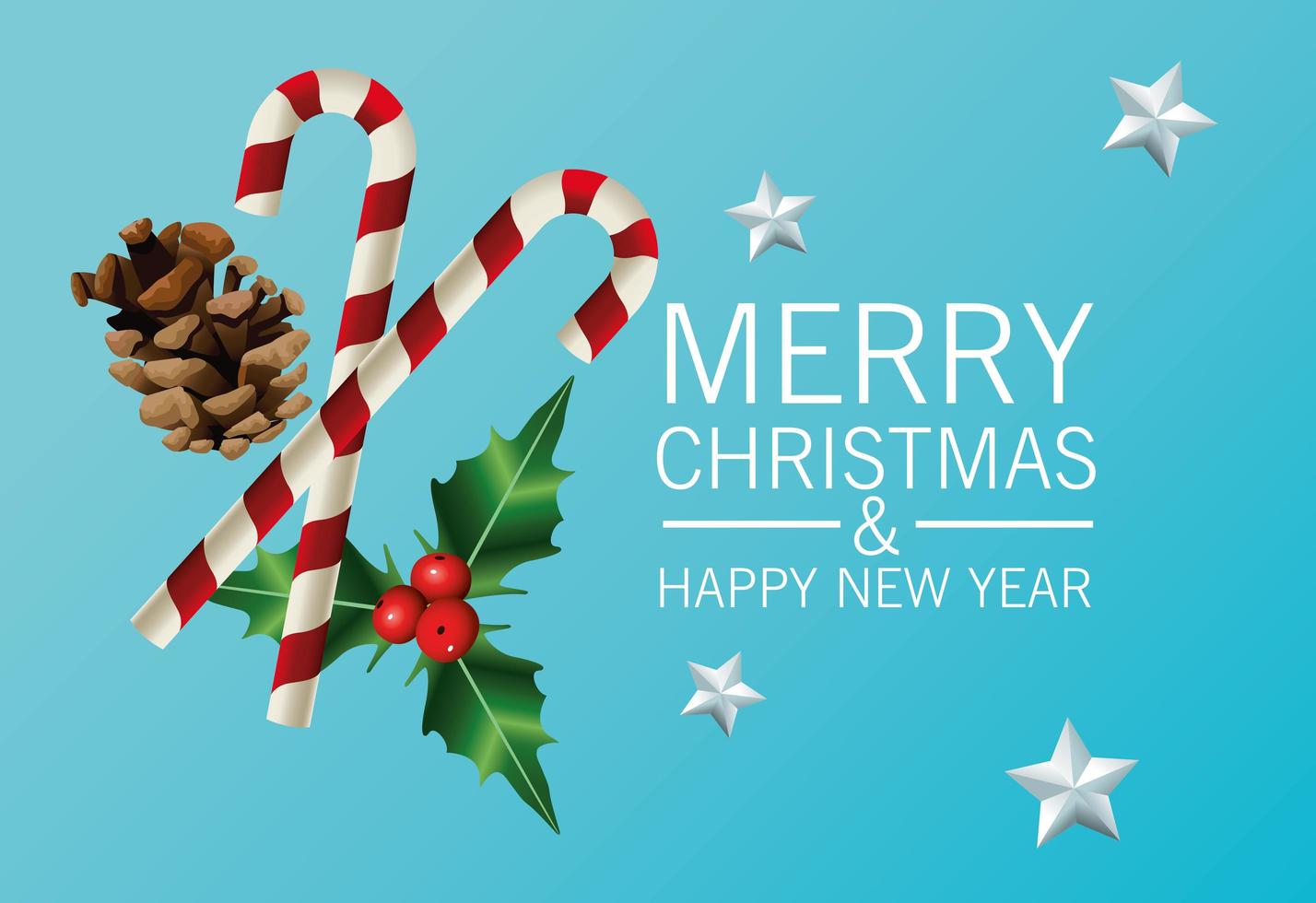 happy merry christmas lettering card with canes and leafs vector