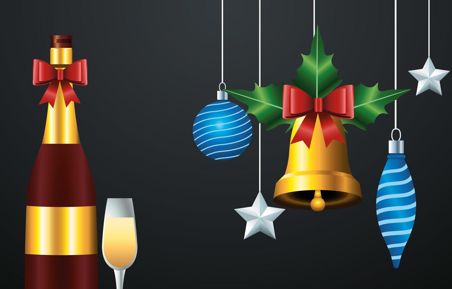 happy merry christmas card with champagne and balls hanging vector