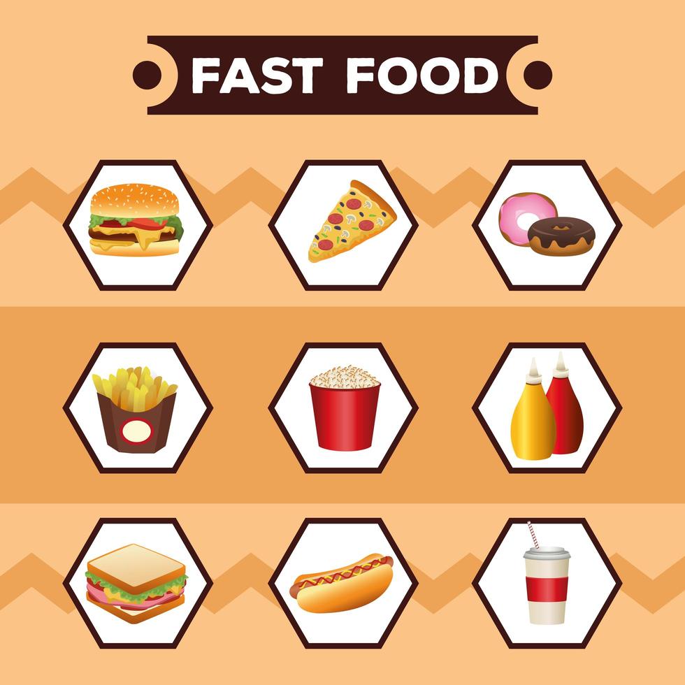 bundle of nine delicious fast food menu and lettering vector