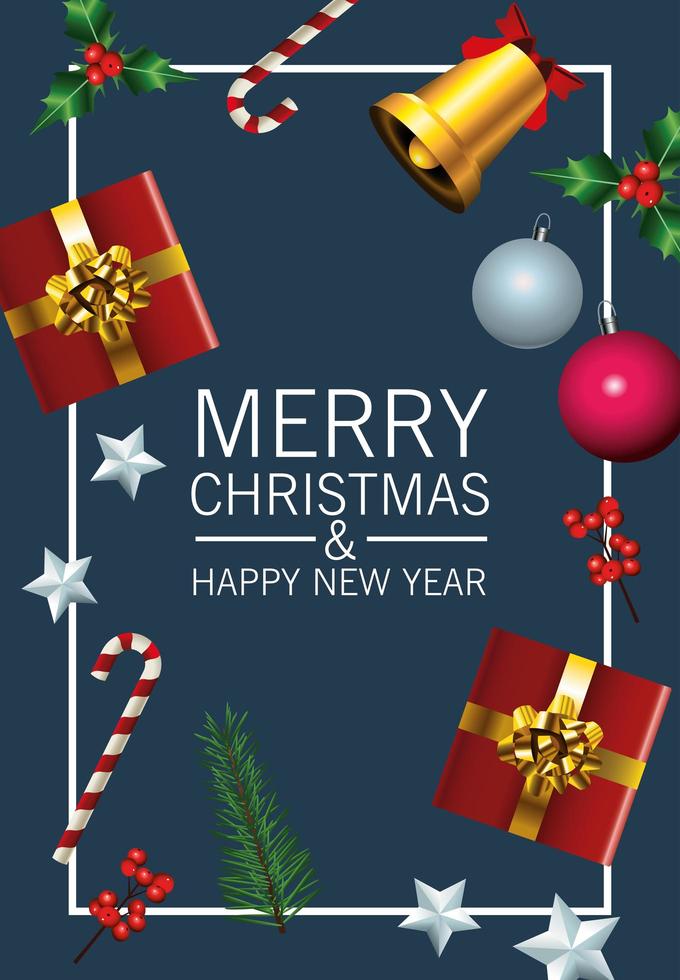 happy merry christmas lettering card with gifts and set icons in square frame vector