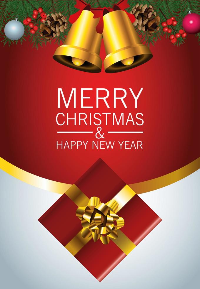 happy merry christmas lettering card with golden bells and giftbox vector