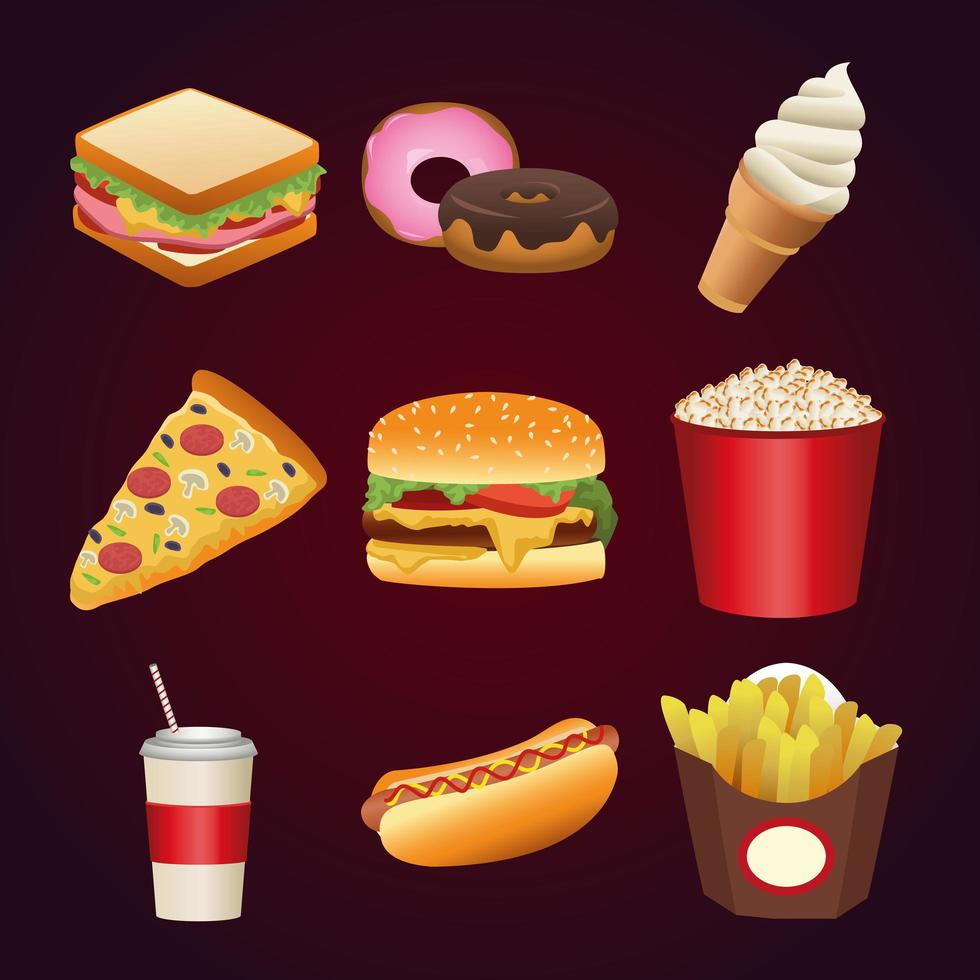 bundle of nine delicious fast food menu vector