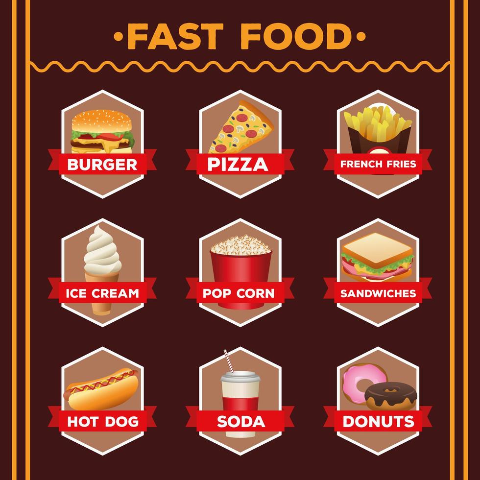 bundle of nine delicious fast food menu and lettering vector