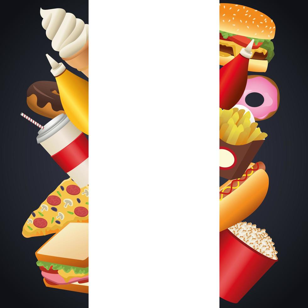 bundle of delicious fast food menu frame vector