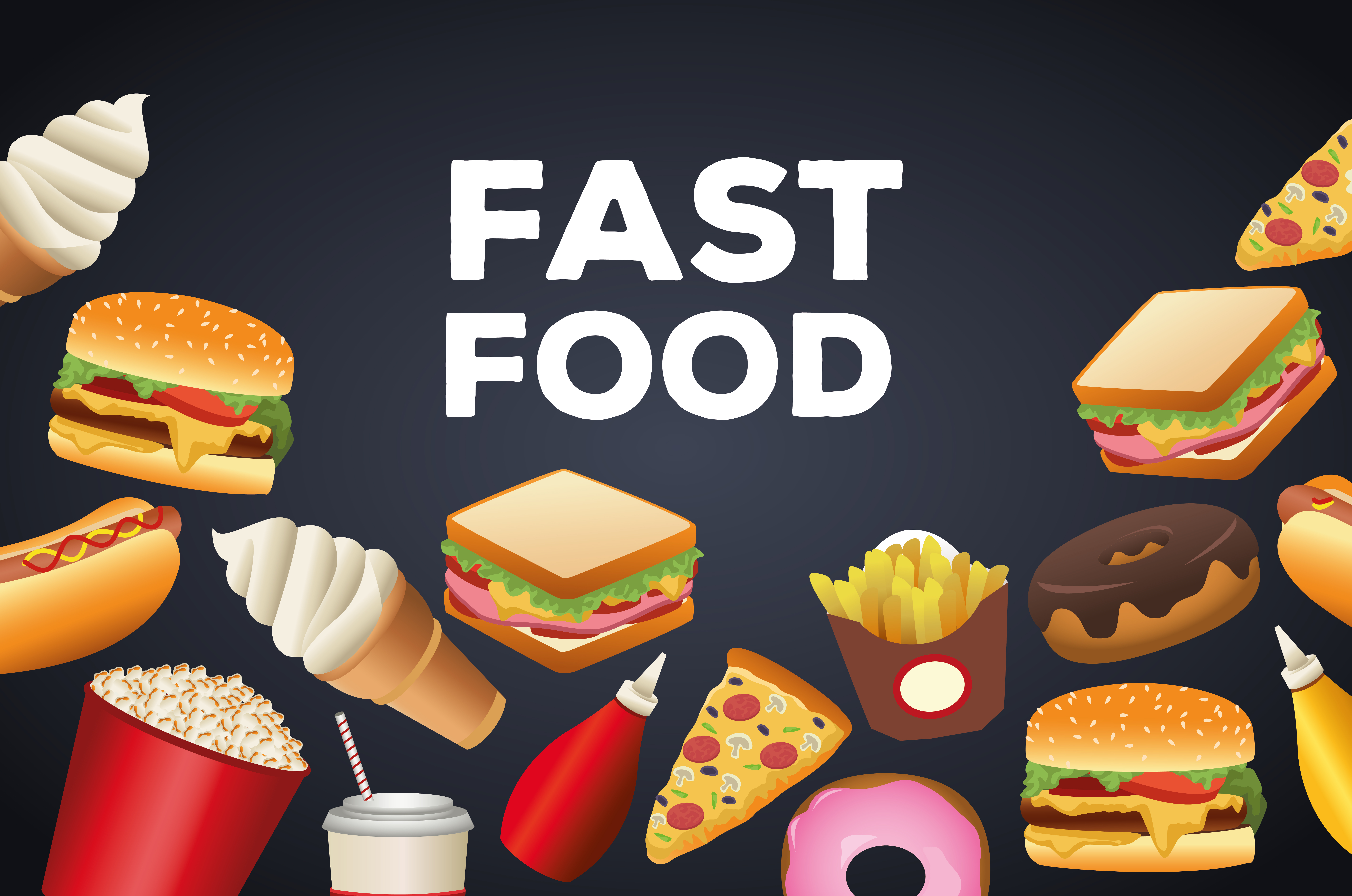 bundle of delicious fast food menu and lettering in black background  2523373 Vector Art at Vecteezy