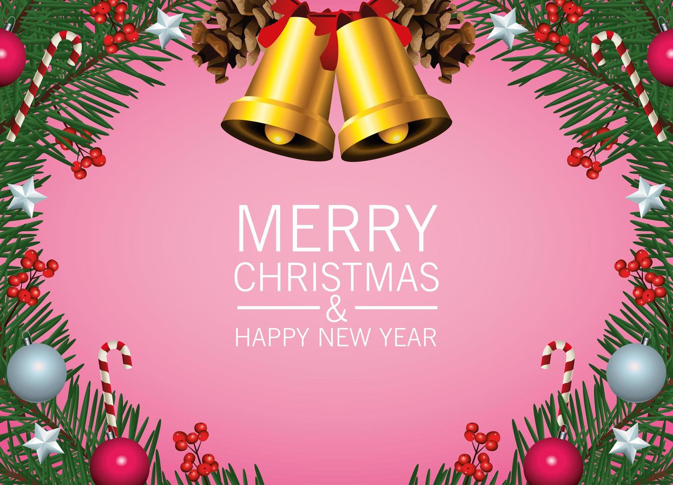 happy merry christmas lettering card with golden bells and ball in wreath vector